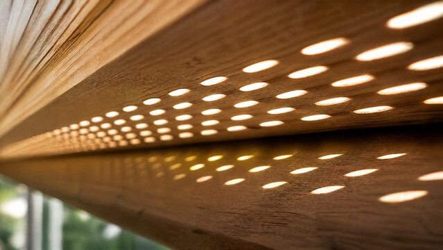 soffit. Extreme close-up of wooden soffit with sunlight streaming through holes. real-estate listings, architecture portfolios, designed for real-estate listing and luxury residence showcases.
