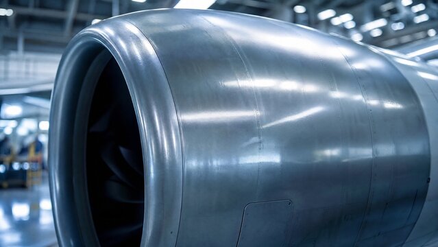nacelle. Streamlined outer shell of aircraft engine nacelle reflecting hangar lights. mobility guides, transit brochures, designed for transport & logistics marketing, supports logistics messaging.