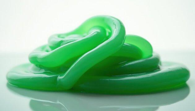 Viscous green gel or slime piled in swirling shapes on a white surface. Translucent material has a shiny, smooth texture with subtle folds and curves creating depth. Isolated studio shot.