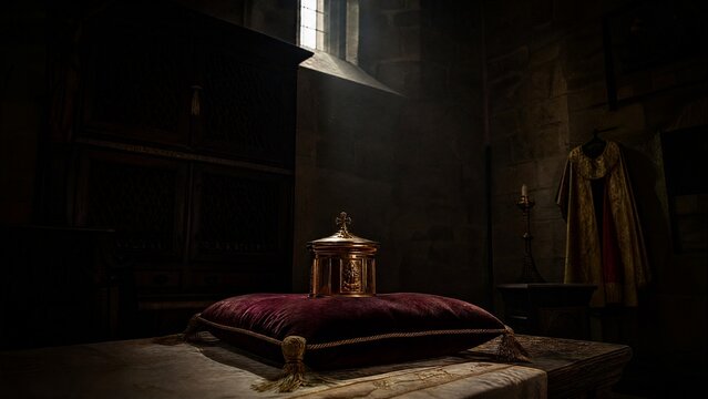 pyx. A solitary golden pyx on a cushion in a dim, ancient sacristy. event programs, museum guides, designed for cultural heritage projects and event programs, preserves heritage.