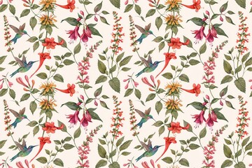 Obraz premium Seamless pattern featuring watercolor hummingbirds, red fuchsia flowers, and green foliage on a light cream colored paper background