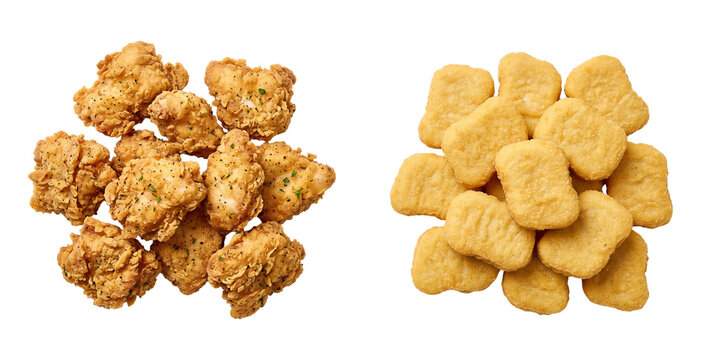 Crispy chicken bites and nuggets isolated on transparent background, fast food snack variety.