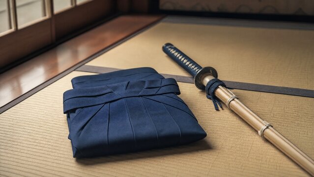 hakama. A neatly folded deep blue hakama and bamboo sword on tatami mat flooring. event programs, museum guides, designed for cultural heritage projects and event programs, supports education.