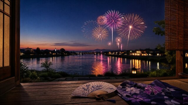 yukata. Folded fan and yukata sleeve on doorstep with fireworks over Sumida River, Tokyo summer celebration. event programs, museum guides, designed for cultural heritage projects and event programs.