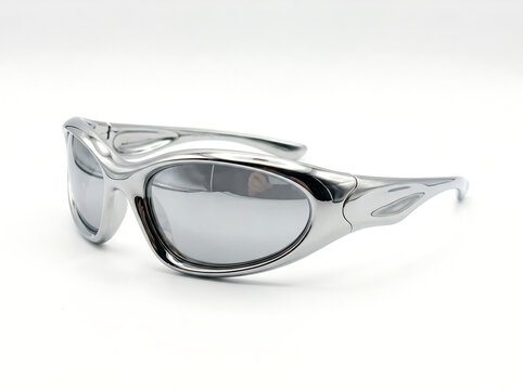 Futuristic Chrome Sports Sunglasses on White Background