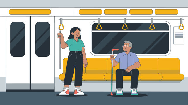 Commuters including a woman and an elderly man with a cane traveling inside a clean and modern subway train car.