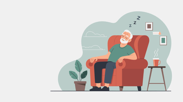 Elderly man peacefully napping in a large red armchair at home with a cup of hot drink on a side table nearby.