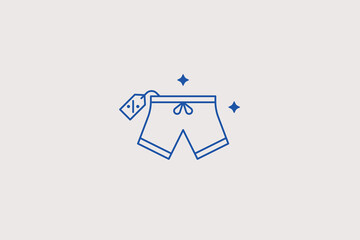 Men swimming trunks shorts on hanger with discount tag line icon for beachwear clothing store, active sportswear boutique, summer fashion outlet. Casual vector illustration for seasonal sale. © HenryFord