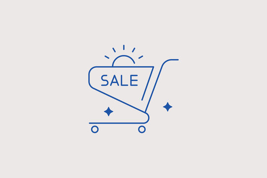 Rolling shopping cart trolley with shining sun and sale board line icon for grocery supermarket clearance, digital retail store app, consumer deal. active vector illustration for retail market.