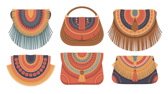 Set of six stylish bohemian handbags and clutches decorated with tassels, fringes, and intricate ethnic patterns.
