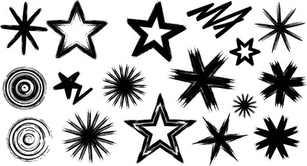 Obraz premium Hand Drawn Star and Sparkle Shape Element Set Featuring Brush Stroke Textured Scribbles, Asterisks, Concentric Circles, and Distressed Grunge Star Bursts