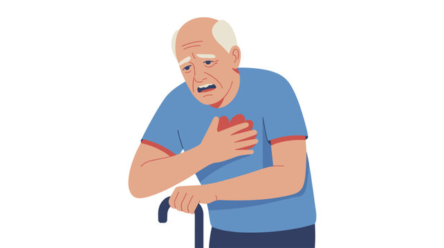 Elderly man with a look of distress holding his chest while leaning on a cane, suggesting a heart attack or pain.