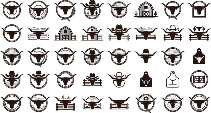 Texas longhorn cow head cattle ranch logo badges mega set including farm barn western vintage retro vector illustration