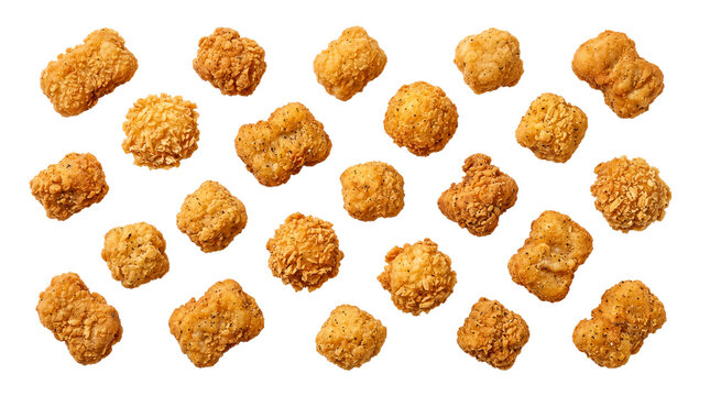Scattered crispy popcorn chicken bites isolated on transparent background, fried snack pattern.