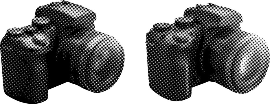 Halftone illustration of two vintage analog cameras side by side