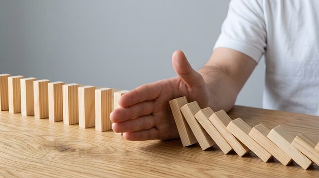 Hand stopping domino effect to prevent chain reaction for business risk management and crisis control