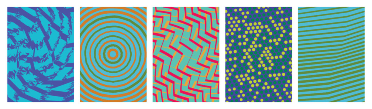 Abstract vector poster set with halftone grid and optical illusion Design Bundle for Trendy Visual Art. Shape distortion and linear gradients with transition effect, wall art, kit 3