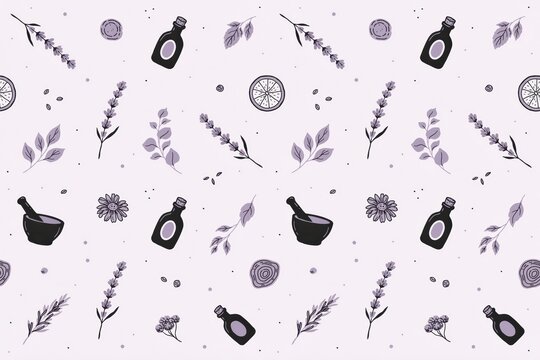 Seamless pattern of lavender sprigs, essential oil bottles, mortar and pestle, and citrus slices on a light purple background, for spa