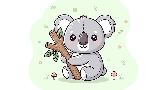 Cute cartoon koala hugging a tree branch, adorable baby animal illustration