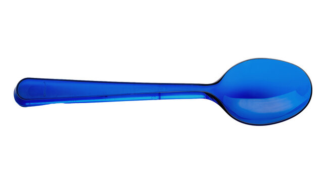Isolated blue plastic spoon lying horizontally, transparent disposable cutlery for single use