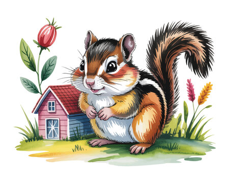 watercolor Chipmunk with farm home vector illustration isolated on white background