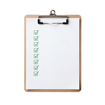 Clipboard with green check marks displayed on white paper sheet on an isolated background