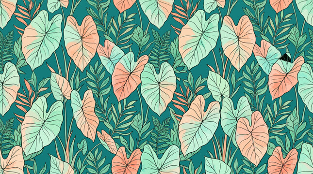 Tropical Leaf Pattern: Lush Greenery with Pink and Teal Elephant Ear Leaves
