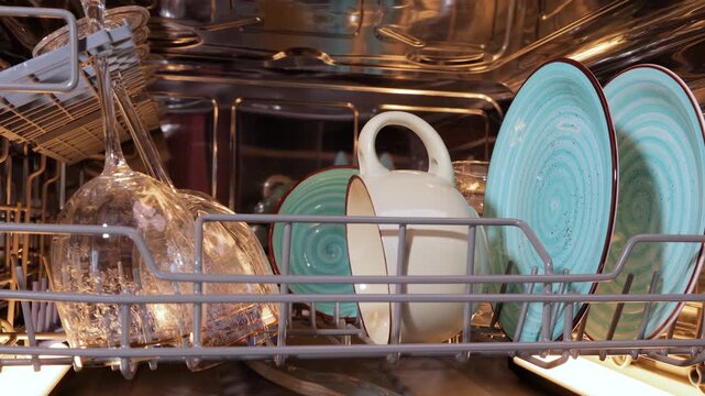 Dishwasher loaded with clean wine glasses and ceramic plates in motion close up.