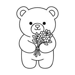 Fototapeta premium Cute teddy bear holding a bouquet of flowers sketch style isolated on white background art