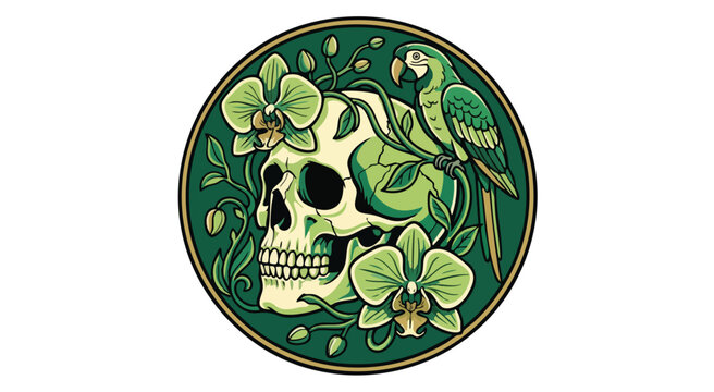 Ornate skull with parrot and floral elements in circular design