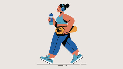 Obraz premium Smiling woman in blue fitness attire walking with a yoga mat, water bottle, and headphones, representing a healthy and active daily lifestyle.