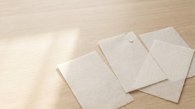 Blank textured paper sheets on wooden table with soft lighting  