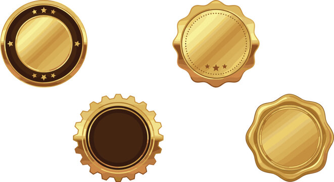 Gold coin medal badge seal vector element set template blank premium shiny metallic round frames borders starburst certificate award