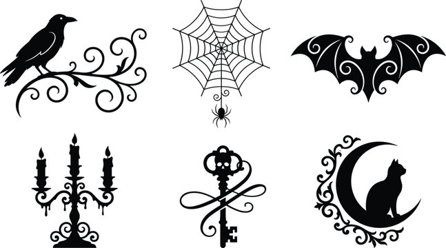 Gothic Halloween silhouette vector element set spooky raven bird spider web bat candelabra key skeleton cat crescent moon decoration