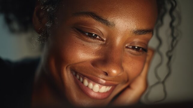 Close-up of person on video call showing warm smile with laptop screen glow on face at home office capturing remote communication virtual relationship digital connection and modern lifestyle concept