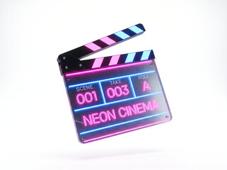 Naklejka premium Neon Cinema Clapperboard Film Production Concept