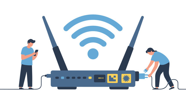 Tiny people interacting with a giant wireless router to connect cables and use mobile devices, representing internet connectivity and technology.