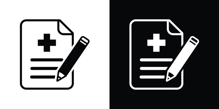 Medical prescription document icon with pencil. Black and white minimalist vector graphics for healthcare and digital rx.