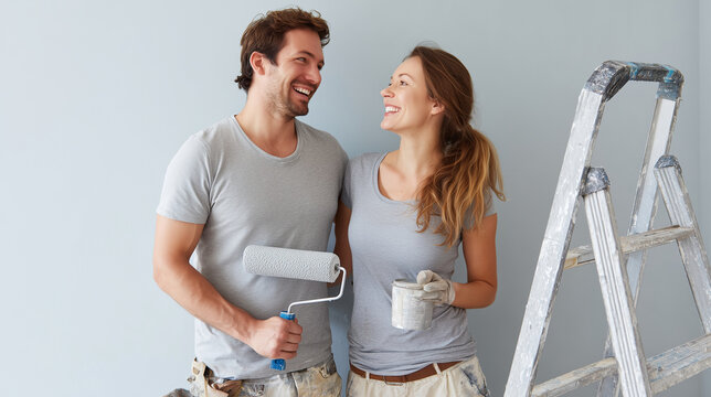Man and woman painting interior wall together, smiling and holding roller and paint can beside ladder