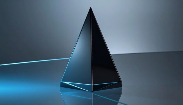 Sleek polished black pyramid structure emitting subtle cool blue light on reflective surface