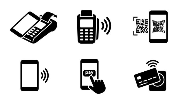Contactless Payment Icons, Mobile Transaction Symbols, NFC Technology, Credit Card Reader Graphics