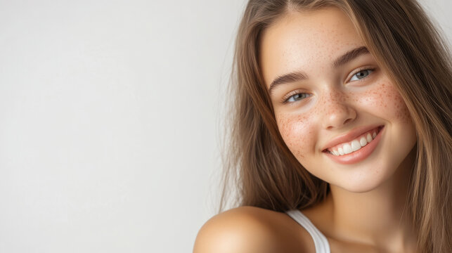 Smiling young caucasian female with freckles and long hair on white background