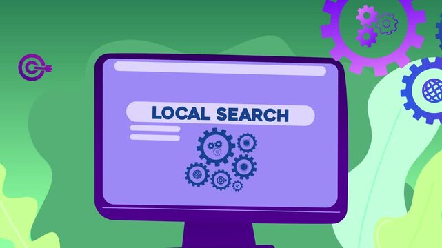A computer screen displaying the text &ldquo;Local Search&rdquo; and illustrations of gears