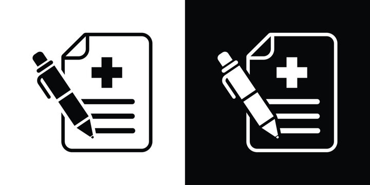 Medical prescription document icon with pencil. Black and white minimalist vector graphics for healthcare and digital rx.