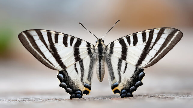 Close-up of a zebra swallowtail butterfly with extended wings
