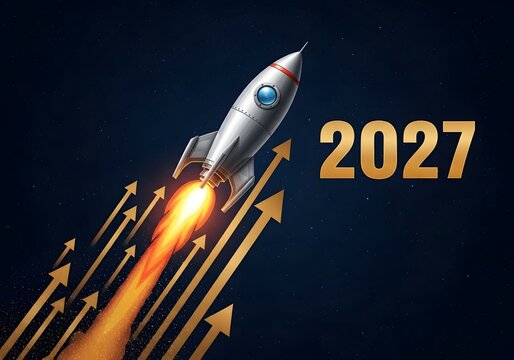 Rocket ship launching with golden arrows and 2027 text on a starry night background
