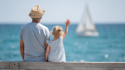Fototapeta premium Elderly caucasian male and young female watching sailboat on ocean from pier