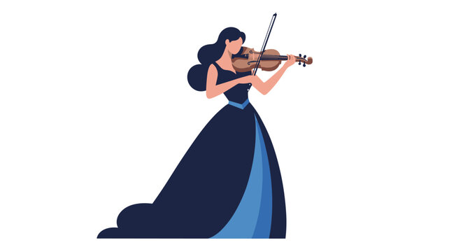 Elegant woman in a long blue and black dress playing the violin with grace in a minimalist artistic vector style.