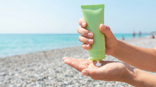 Sunscreen uv protection safety lotion hand beach ocean summer skincare. uv safety ray. skincare skin shield, health dermatology prevention, care protection sunblock, ultraviolet sun summer