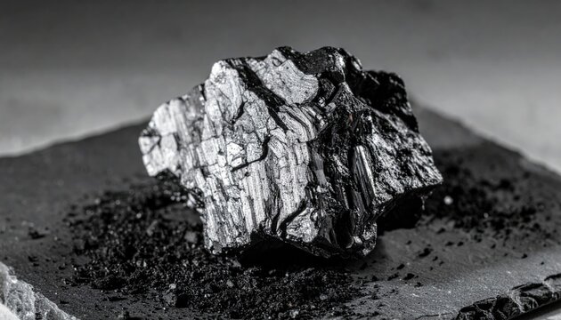 Raw graphite lump showcasing its dark metallic luster and intricate flaky texture on a matte surface.